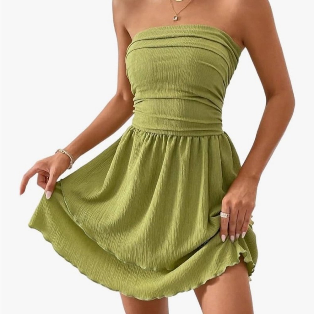 Green Ruched Strapless Dress